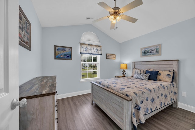 252 Heath Dr, Longs, SC 29568 - bedroom featuring dark wood finished floors, baseboards, lofted ceiling, and a ceiling fan