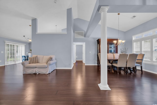 137 Maiden Ln, Myrtle Beach, SC 29588 - dining room featuring ornate columns, baseboards, plenty of natural light, and high vaulted ceiling