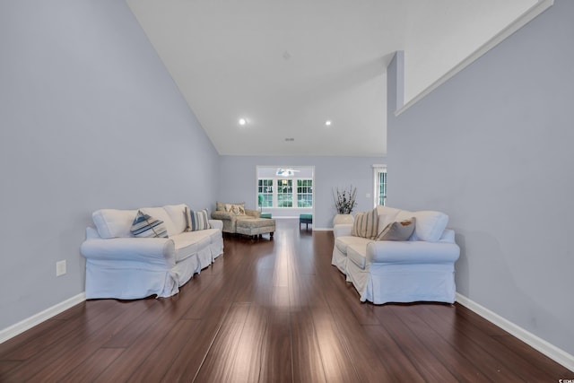 137 Maiden Ln, Myrtle Beach, SC 29588 - living room featuring wood finished floors, baseboards, high vaulted ceiling, and recessed lighting