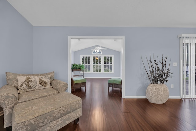 137 Maiden Ln, Myrtle Beach, SC 29588 - living area with wood finished floors, lofted ceiling, baseboards, and a ceiling fan