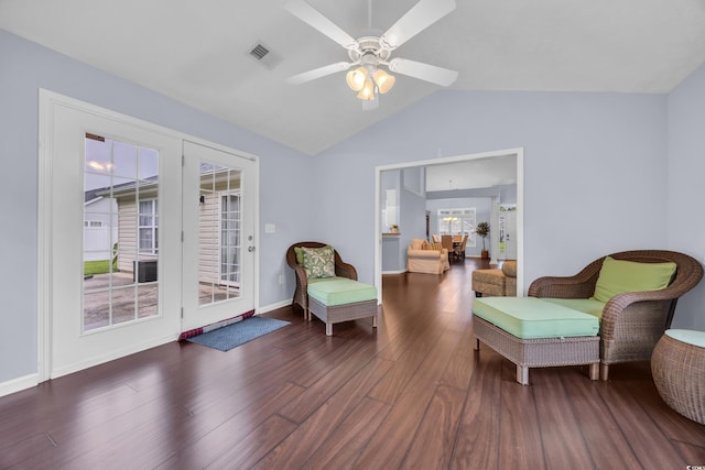 137 Maiden Ln, Myrtle Beach, SC 29588 - living area with vaulted ceiling, wood finished floors, a ceiling fan, and baseboards