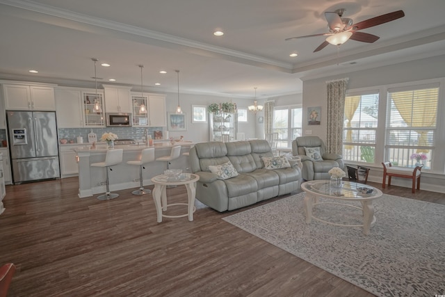 148 Splendor Cir, Murrells Inlet, SC 29576 - living area with ceiling fan, dark wood finished floors, crown molding, recessed lighting, and a chandelier