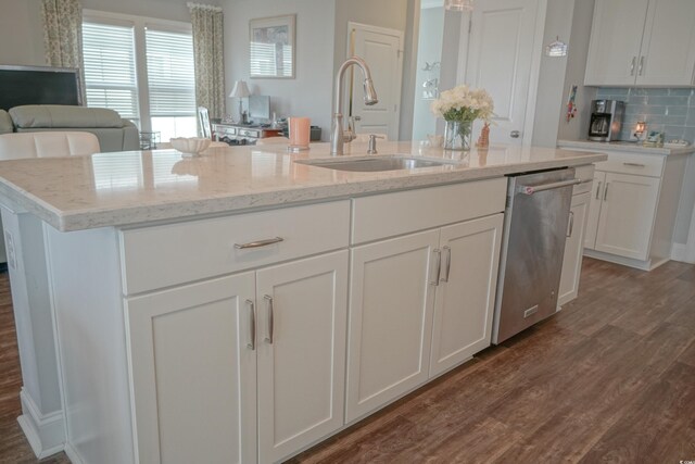 148 Splendor Cir, Murrells Inlet, SC 29576 - kitchen featuring a sink, dishwasher, dark wood-style floors, light stone countertops, and white cabinets