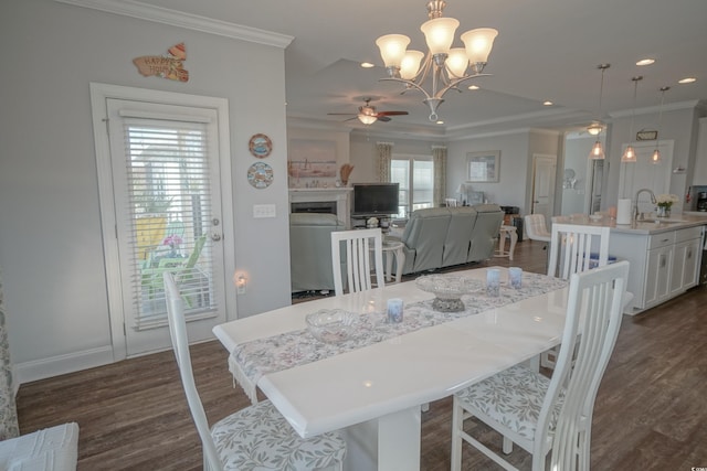 148 Splendor Cir, Murrells Inlet, SC 29576 - dining space featuring a ceiling fan, ornamental molding, dark wood-type flooring, a chandelier, and recessed lighting