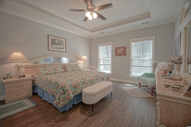 148 Splendor Cir, Murrells Inlet, SC 29576 - bedroom featuring a raised ceiling, dark wood finished floors, baseboards, ornamental molding, and a ceiling fan