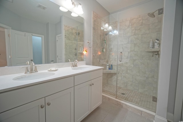 148 Splendor Cir, Murrells Inlet, SC 29576 - bathroom with a shower stall, double vanity, and tile patterned flooring