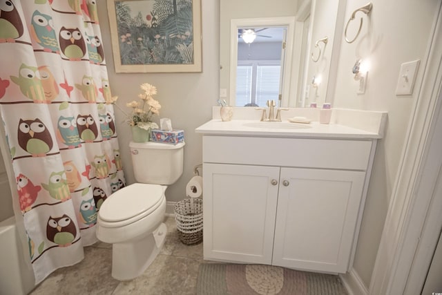 148 Splendor Cir, Murrells Inlet, SC 29576 - bathroom with vanity, toilet, shower / bath combo, tile patterned floors, and ceiling fan