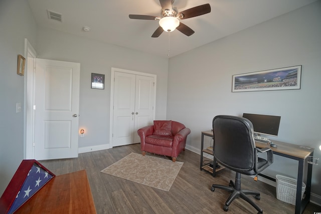 148 Splendor Cir, Murrells Inlet, SC 29576 - office area with a ceiling fan, wood finished floors, and baseboards