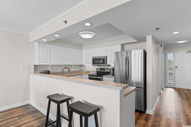 4505 S Ocean Blvd Unit 5D, North Myrtle Beach, SC 29582 - kitchen featuring stainless steel appliances, a peninsula, ornamental molding, baseboards, and recessed lighting