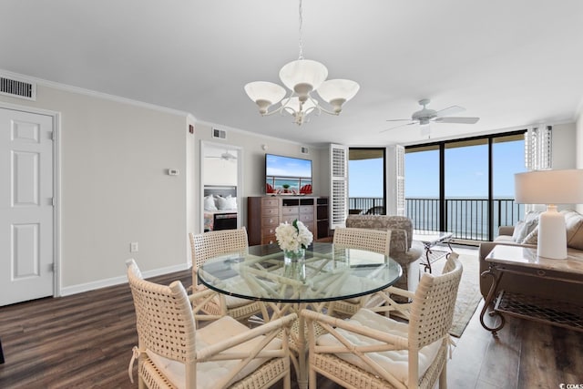 4505 S Ocean Blvd Unit 5D, North Myrtle Beach, SC 29582 - dining space with a ceiling fan, a chandelier, wood finished floors, floor to ceiling windows, and crown molding