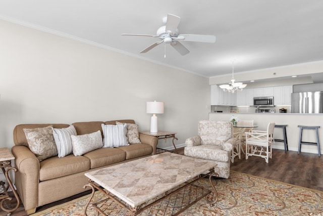 4505 S Ocean Blvd Unit 5D, North Myrtle Beach, SC 29582 - living room with ornamental molding, a chandelier, ceiling fan, dark wood finished floors, and baseboards