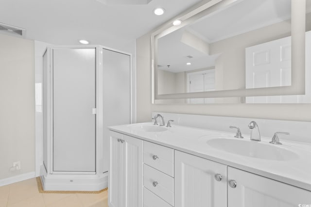 4505 S Ocean Blvd Unit 5D, North Myrtle Beach, SC 29582 - full bath with a shower stall, recessed lighting, double vanity, tile patterned flooring, and baseboards