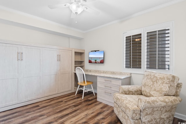 4505 S Ocean Blvd Unit 5D, North Myrtle Beach, SC 29582 - office featuring ornamental molding, dark wood-style floors, a ceiling fan, built in study area, and baseboards