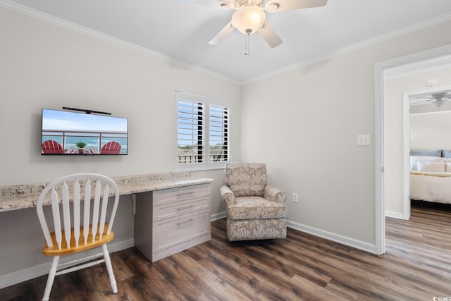 4505 S Ocean Blvd Unit 5D, North Myrtle Beach, SC 29582 - office space with dark wood-style flooring, ceiling fan, ornamental molding, baseboards, and built in study area