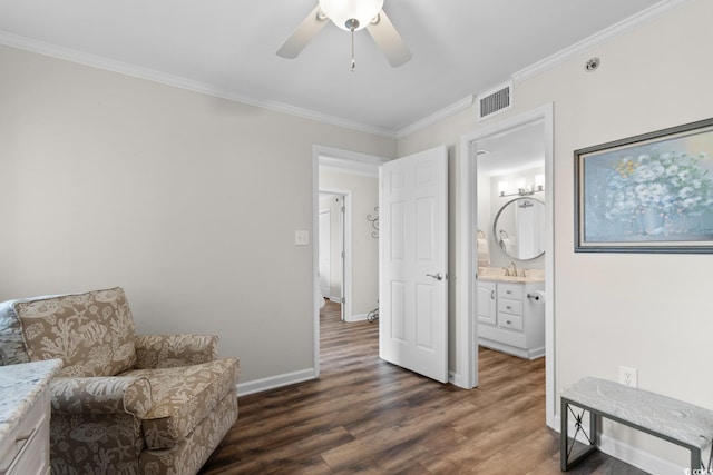 4505 S Ocean Blvd Unit 5D, North Myrtle Beach, SC 29582 - sitting room with wood finished floors, crown molding, ceiling fan, and baseboards