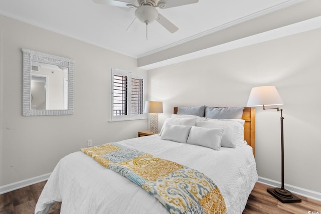 4505 S Ocean Blvd Unit 5D, North Myrtle Beach, SC 29582 - bedroom with baseboards, wood finished floors, ornamental molding, and a ceiling fan