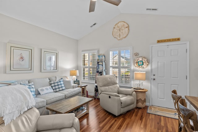 603 Wave Rider Ln Unit 603, North Myrtle Beach, SC 29582 - living room featuring wood finished floors, ceiling fan, and high vaulted ceiling