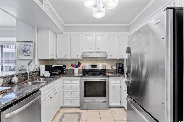 202 N Ocean Blvd Unit 109, North Myrtle Beach, SC 29582 - kitchen featuring stainless steel appliances, a sink, under cabinet range hood, white cabinets, and crown molding