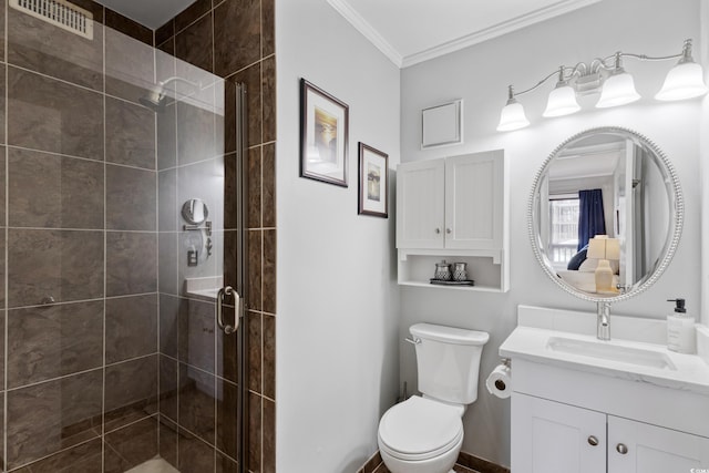 202 N Ocean Blvd Unit 109, North Myrtle Beach, SC 29582 - full bathroom with vanity, ornamental molding, a stall shower, and toilet