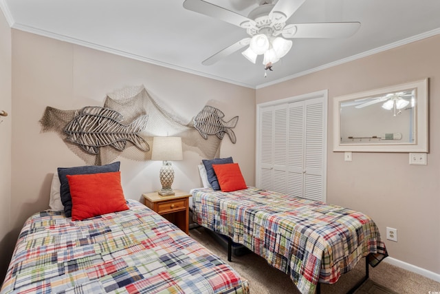 202 N Ocean Blvd Unit 109, North Myrtle Beach, SC 29582 - carpeted bedroom with crown molding, a closet, a ceiling fan, and baseboards