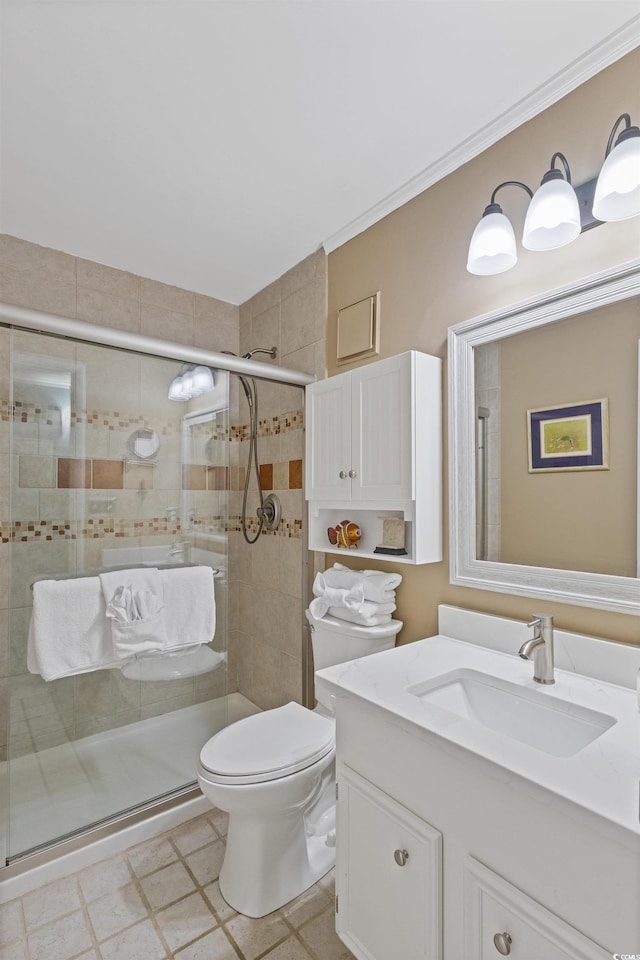 202 N Ocean Blvd Unit 109, North Myrtle Beach, SC 29582 - full bathroom with vanity, toilet, a stall shower, and ornamental molding