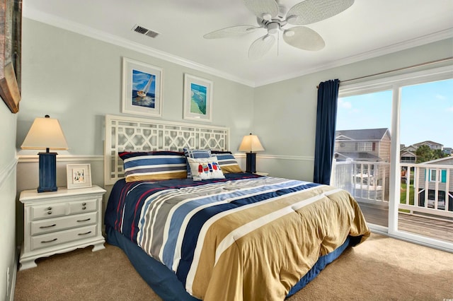 39 Newport St, Ocean Isle Beach, NC 28469 - carpeted bedroom featuring access to outside, crown molding, and ceiling fan