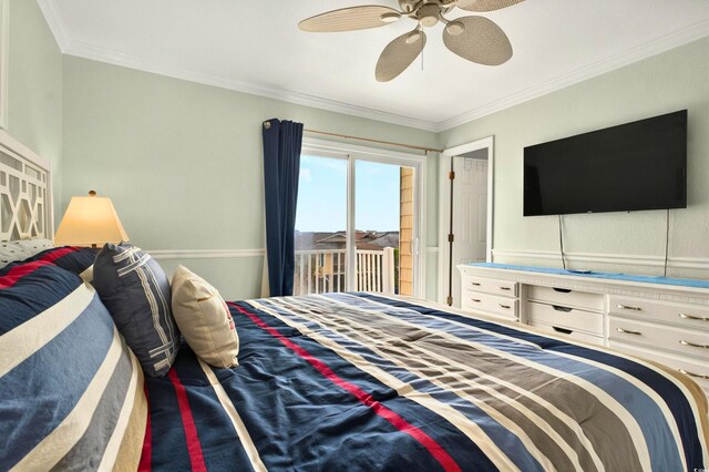 39 Newport St, Ocean Isle Beach, NC 28469 - bedroom featuring access to exterior, crown molding, and a ceiling fan