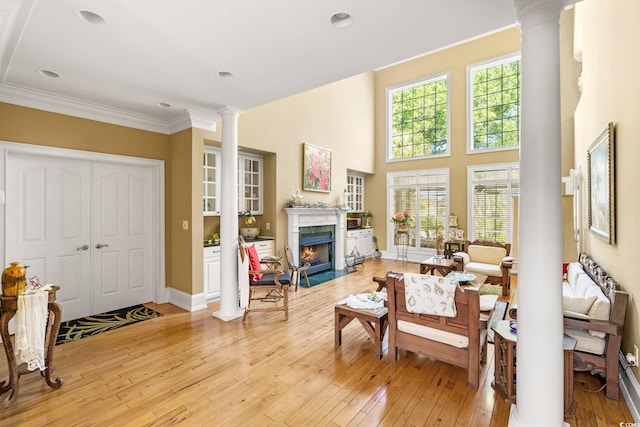 1119 Links Rd, Myrtle Beach, SC 29575 - living room featuring ornate columns, light wood-style flooring, a premium fireplace, ornamental molding, and baseboards