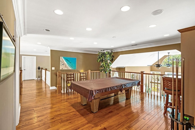 1119 Links Rd, Myrtle Beach, SC 29575 - playroom with ornamental molding, ceiling fan, hardwood / wood-style flooring, billiards, and recessed lighting