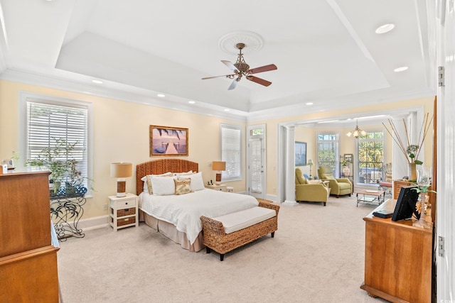 1119 Links Rd, Myrtle Beach, SC 29575 - bedroom with a raised ceiling, carpet floors, access to exterior, recessed lighting, and a chandelier