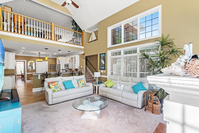 1119 Links Rd, Myrtle Beach, SC 29575 - tiled living area with ceiling fan, a high ceiling, baseboards, ornamental molding, and recessed lighting