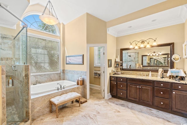 1119 Links Rd, Myrtle Beach, SC 29575 - full bath featuring a bath, vanity, a stall shower, crown molding, and marble finish floors