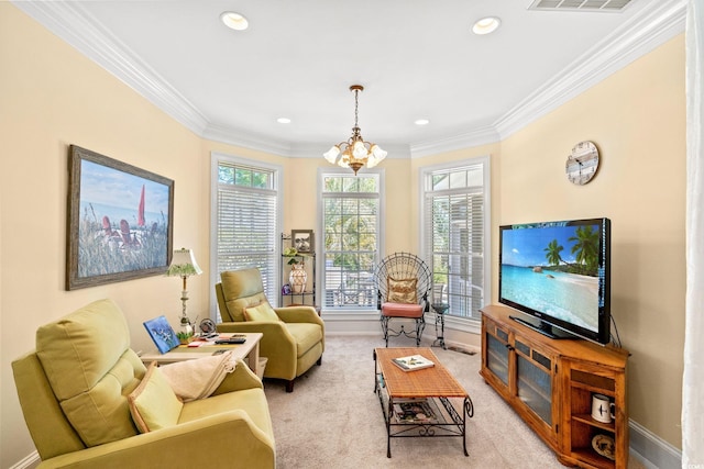 1119 Links Rd, Myrtle Beach, SC 29575 - living area featuring crown molding, healthy amount of natural light, recessed lighting, light colored carpet, and baseboards