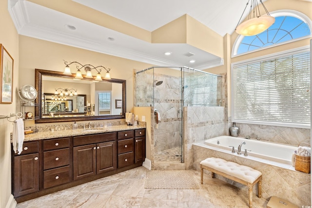 1119 Links Rd, Myrtle Beach, SC 29575 - bathroom featuring plenty of natural light, a garden tub, vanity, a shower stall, and crown molding