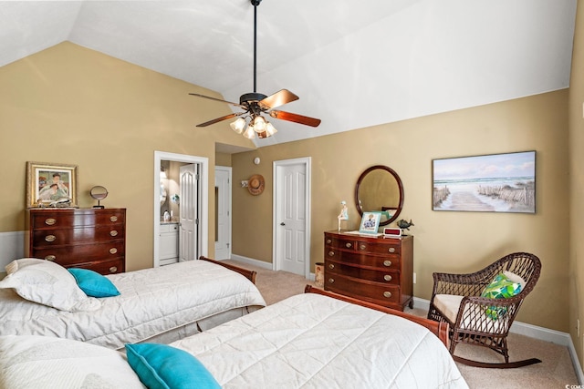 1119 Links Rd, Myrtle Beach, SC 29575 - bedroom with vaulted ceiling, carpet flooring, baseboards, ceiling fan, and connected bathroom