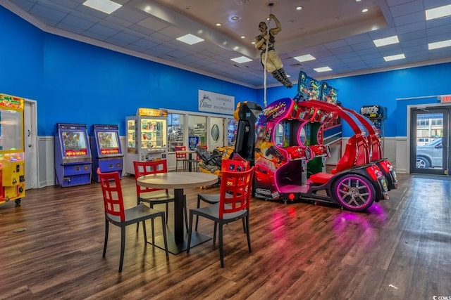 201 74th Ave N Unit 2243/2244, Myrtle Beach, SC 29572 - playroom with a towering ceiling, wood finished floors, a paneled ceiling, wainscoting, and crown molding