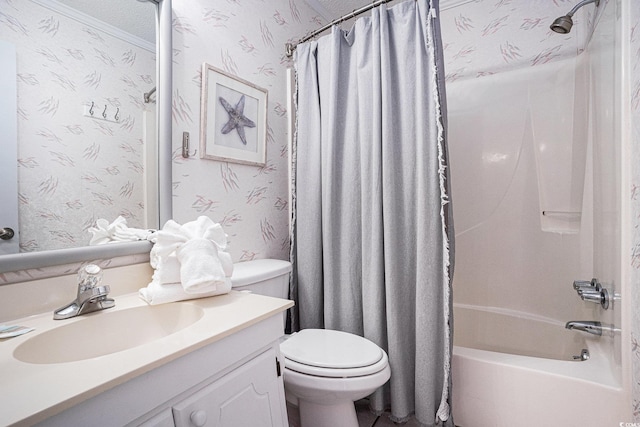 6000 N Ocean Blvd Unit 329, North Myrtle Beach, SC 29582 - full bath featuring wallpapered walls, vanity, shower / tub combo with curtain, and toilet