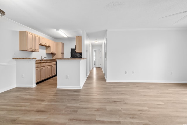 3762 Citation Way Unit 1023, Myrtle Beach, SC 29577 - kitchen with freestanding refrigerator, light brown cabinets, crown molding, open floor plan, and light wood finished floors