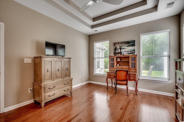 24 Willowbend Dr, Murrells Inlet, SC 29576 - sitting room with light wood finished floors, a raised ceiling, a ceiling fan, and baseboards