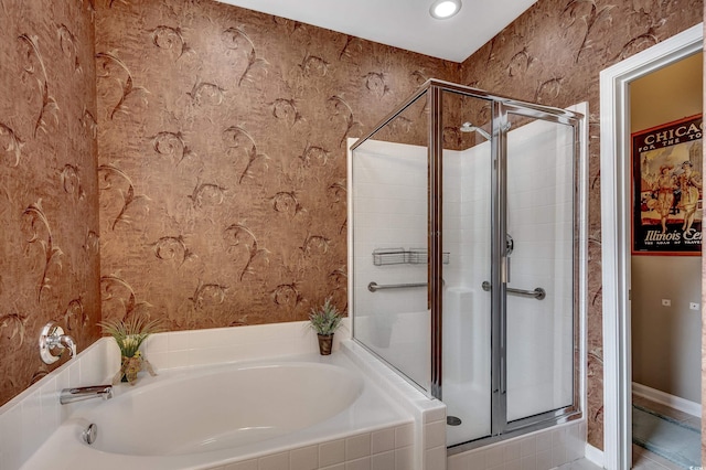 24 Willowbend Dr, Murrells Inlet, SC 29576 - bathroom featuring a stall shower, a bath, wallpapered walls, and recessed lighting