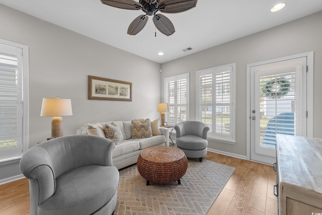 281 Lumbee Cir, Pawleys Island, SC 29585 - living room featuring a ceiling fan, light wood-style floors, recessed lighting, and baseboards