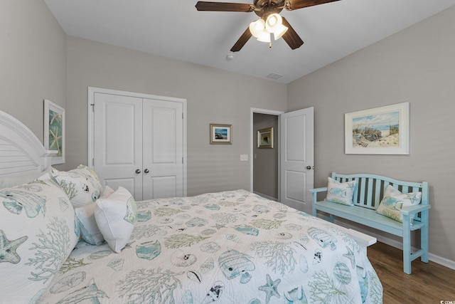 281 Lumbee Cir, Pawleys Island, SC 29585 - bedroom featuring a closet, wood finished floors, baseboards, and ceiling fan
