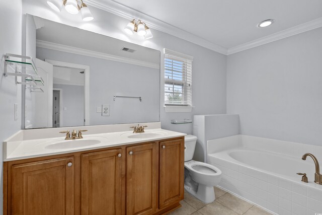 373 Skyland Pines Dr, Myrtle Beach, SC 29588 - full bath with toilet, a bath, double vanity, tile patterned floors, and ornamental molding