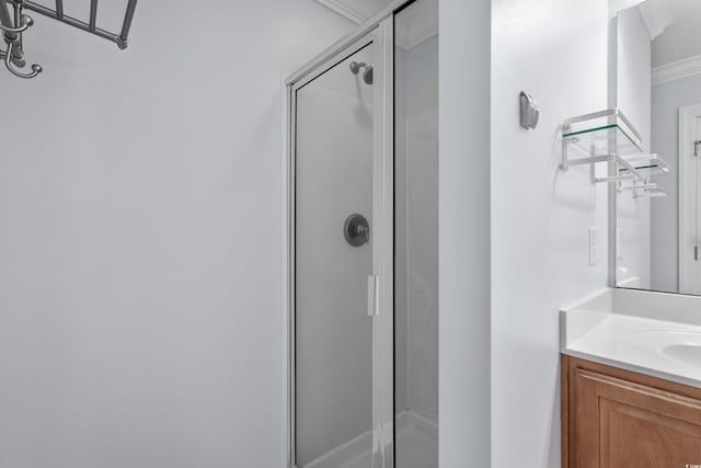 373 Skyland Pines Dr, Myrtle Beach, SC 29588 - bathroom featuring ornamental molding, a stall shower, and vanity