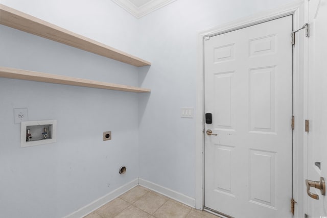 373 Skyland Pines Dr, Myrtle Beach, SC 29588 - washroom featuring hookup for an electric dryer, hookup for a washing machine, crown molding, baseboards, and light tile patterned floors