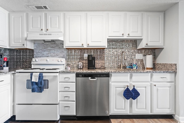 920 N Waccamaw Dr Unit 1302, Garden City Beach, SC 29576 - kitchen featuring stainless steel dishwasher, white range with electric cooktop, under cabinet range hood, white cabinetry, and a textured ceiling