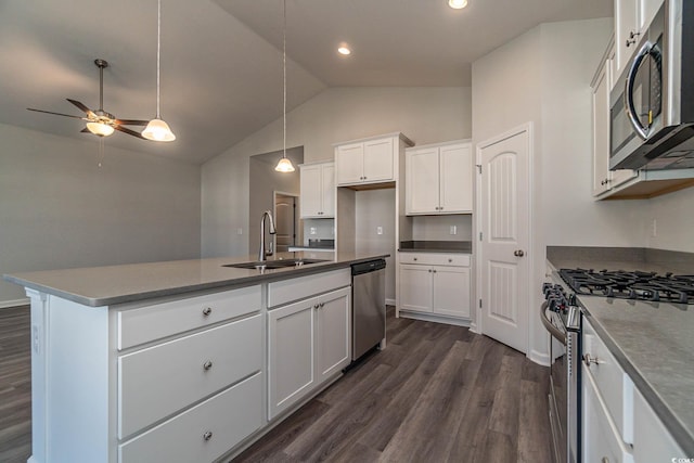 427 Lifestyle Ct, Surfside Beach, SC 29575 - kitchen featuring appliances with stainless steel finishes, a sink, dark wood-style flooring, lofted ceiling, and a ceiling fan