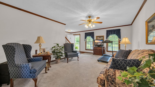 412 Carolina Dr, Loris, SC 29569 - living area with ornamental molding, carpet, and a ceiling fan