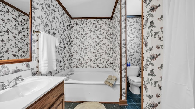 412 Carolina Dr, Loris, SC 29569 - bathroom with wallpapered walls, a bath, ornamental molding, vanity, and tile patterned flooring