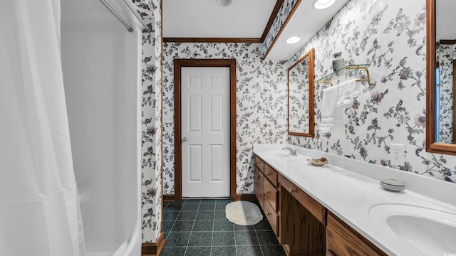 412 Carolina Dr, Loris, SC 29569 - bathroom with wallpapered walls, double vanity, tile patterned flooring, a shower with shower curtain, and crown molding